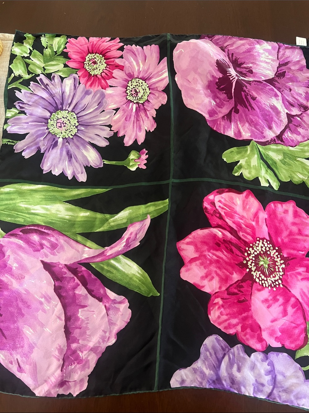Talbots Black Scarf with Pink, Purple & Green Floral Print